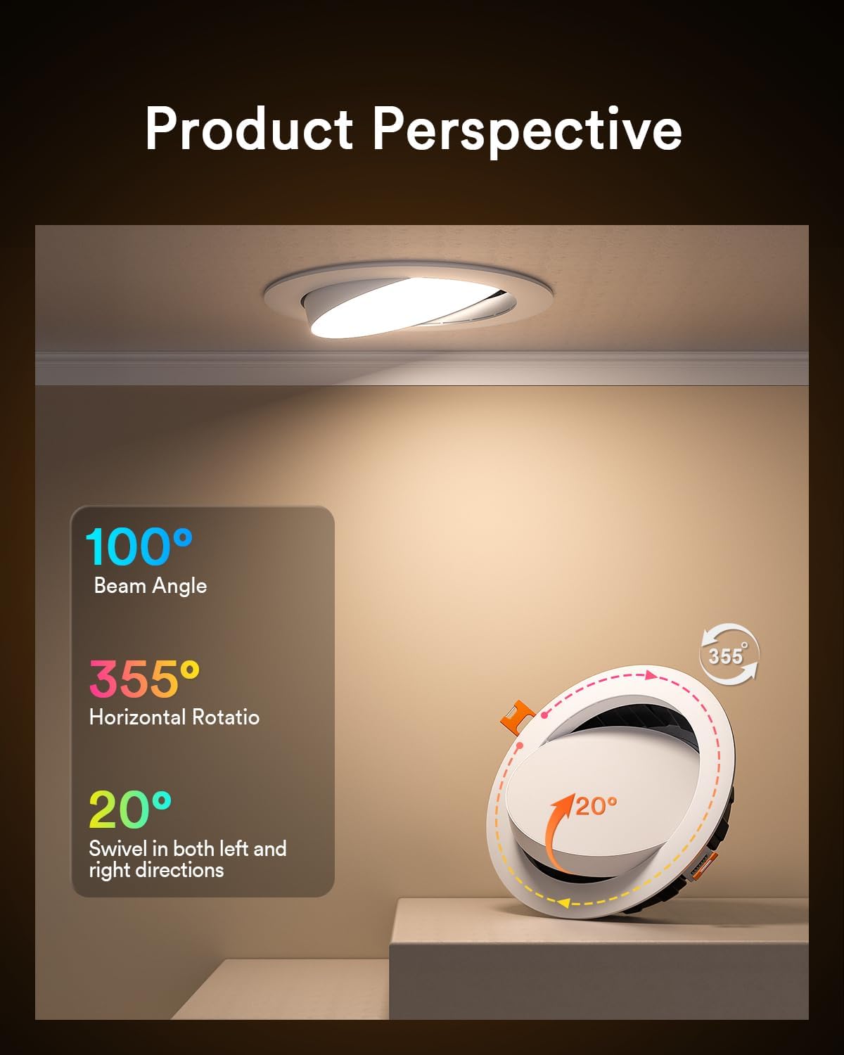 Lumary Smart Gimbal Recessed Lighting 6 Inch  355+20 Adjustable Rgbww Wifi Ceiling Light  Compatible With Alexa Google  Canless Led Downlight With J-Box  13W 1000Lm Cri90  1Pc