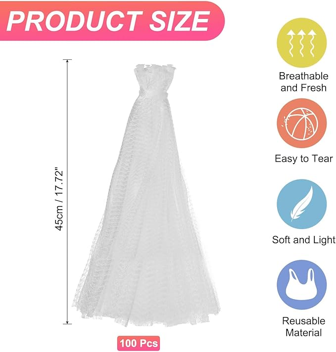 uxcell 100PCS Reusable Mesh Produce Bags, 17.7 Inches Egg Hatching Bags Washable Breathable Fruit Net Stretchable Mesh Netting Storage for Seafood Vegetable Onion Grocery Shopping, White