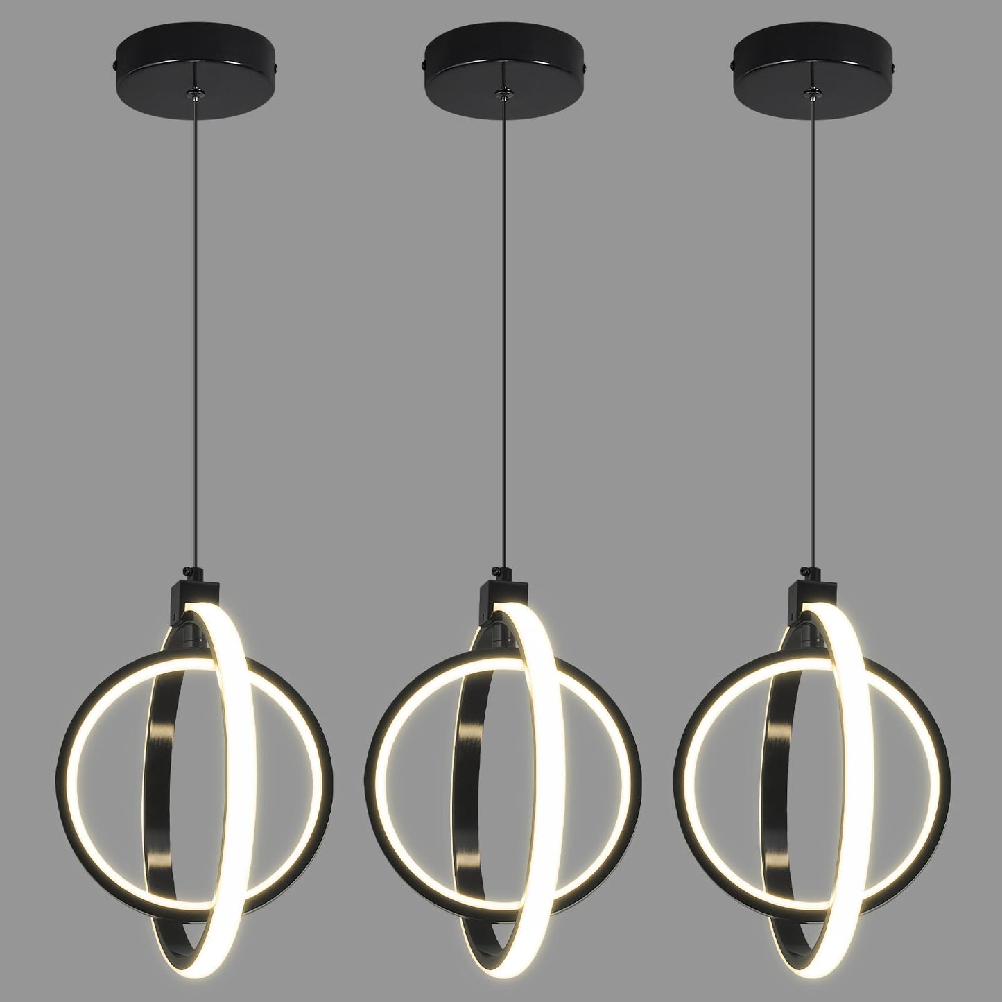 Bnhhlz Modern Led Pendant Lights Plated Black Farmhouse Ring Pendant Light Fixtures 4000K Dimmable Round Pendant Lighting For Dining Room Kitchen Island Bedroom Living Room Foyer(3-Pack)