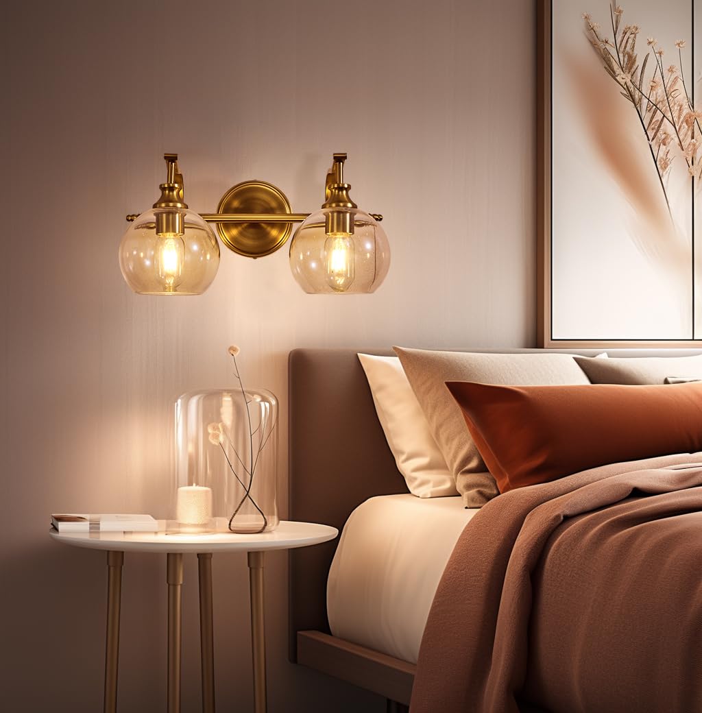 Andy Star 2 Light Bathroom Vanity Light  Brushed Gold Bathroom Light Fixtures  Wall Lighting With Clear Globe Glass Shades  Brass Wall Sconce For Living Room  Bedroom  Hallway