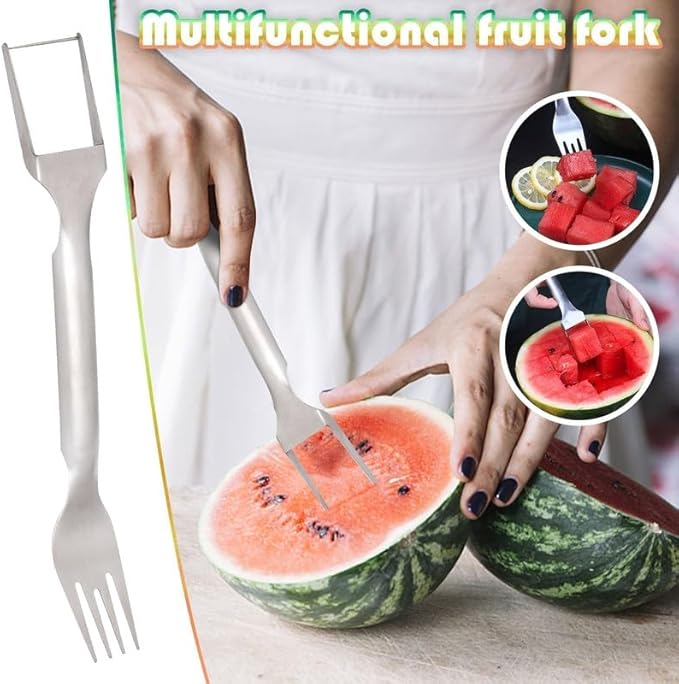 Upgraded 2-in-1 Stainless Steel Fruit Cutter, 2024 New Watermelon Fork Slicer Cutter Slicer Tool, Dual Head Fruit Forks Slicer Knife for Home Kitchen Gadget (2 Pcs)