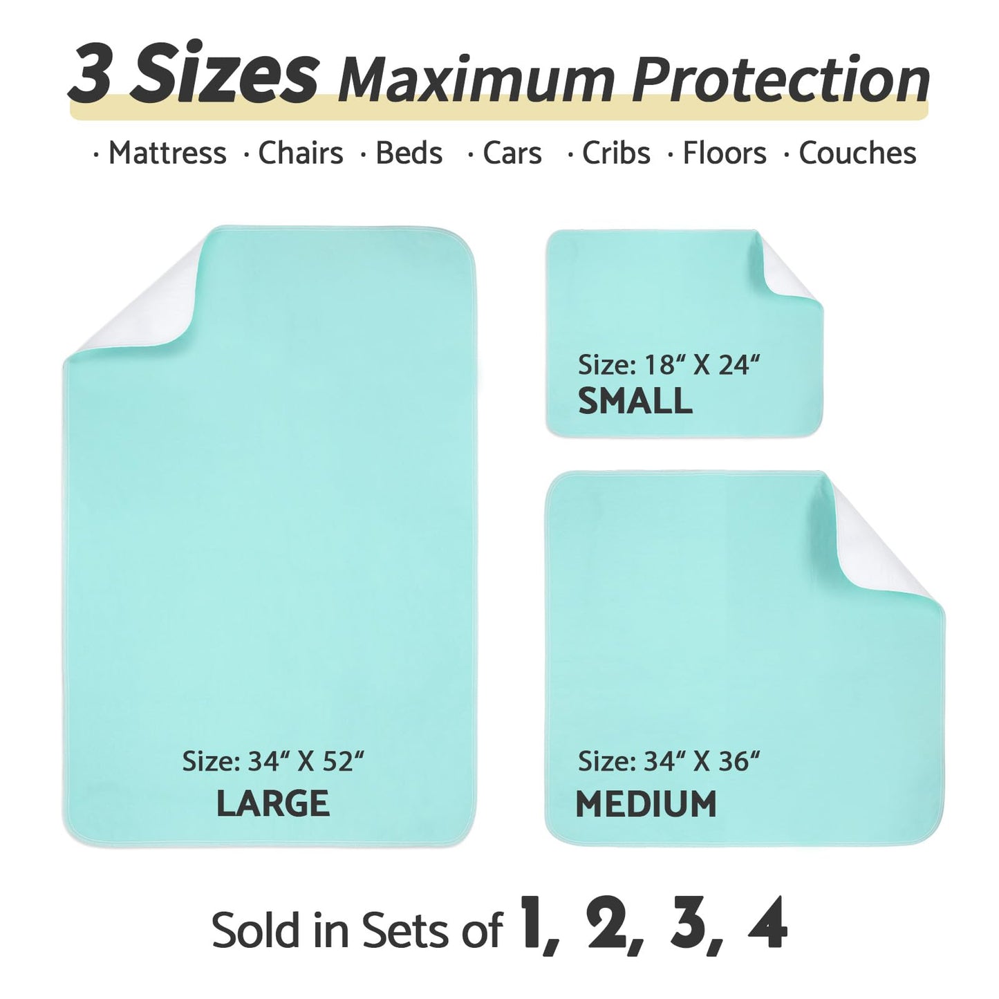 CoolShields Waterproof Bed Pads Incontinence 34'' x 52'' (3 Pack) Washable Reusable Bedwetting Mattress Protector Pad for Kids, Adults, Elderly, and Pets