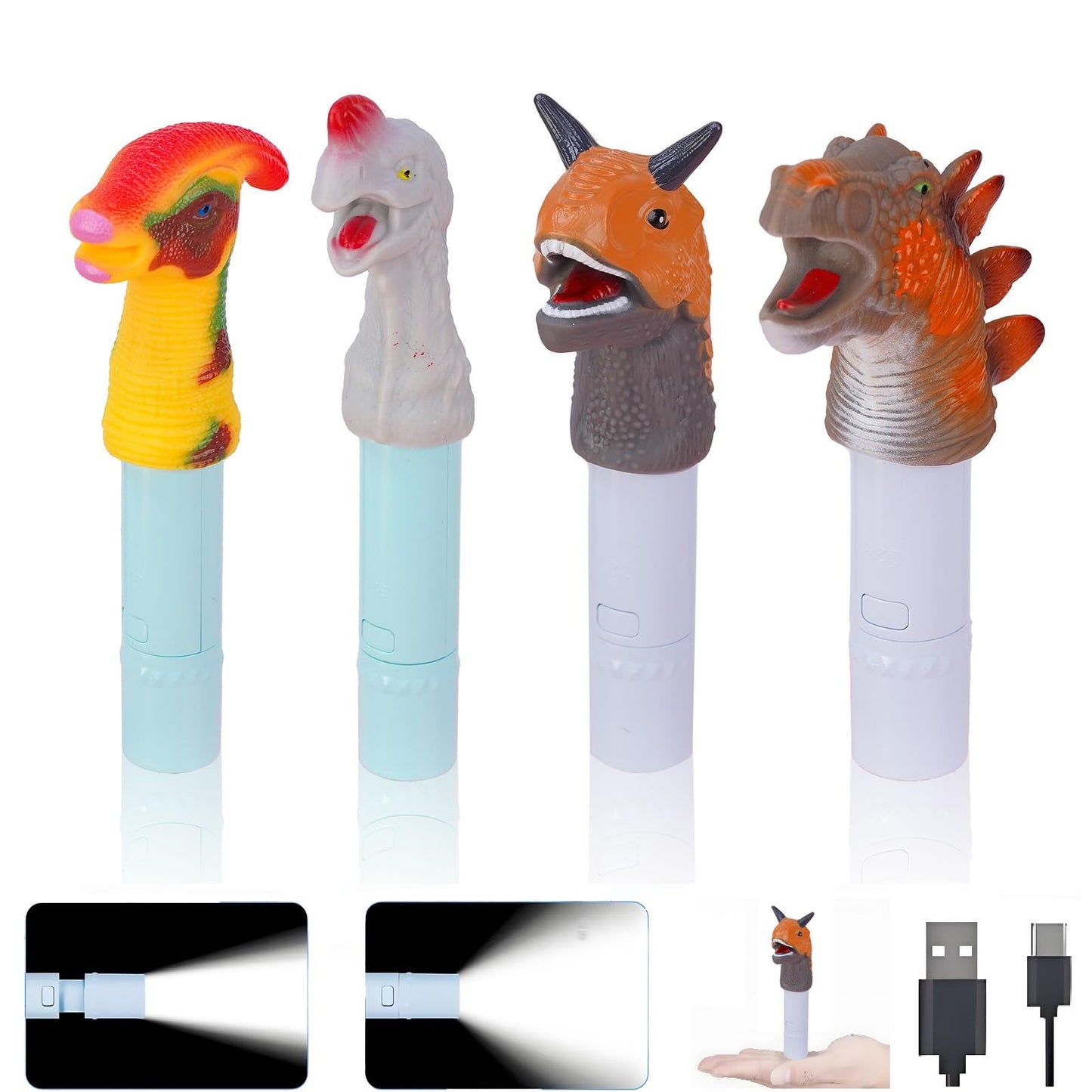Darlur 4 Pack Small Mini Cute Kids Flashlight  Rechargeable Dinosaur Flashlights For Boys Girls Christmas Gifts Stocking Stuffers