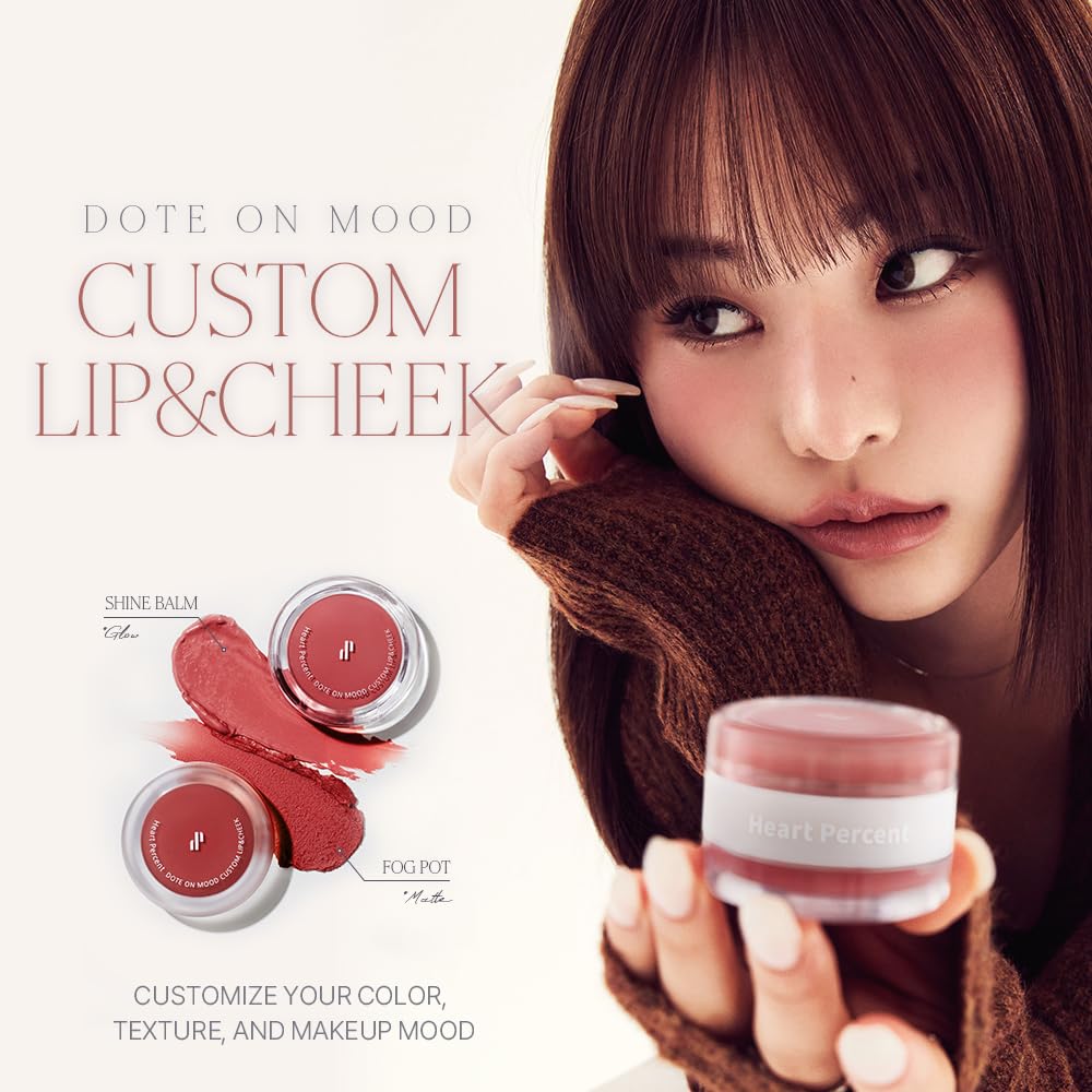 Heart Percent Dote On Mood Custom Lip & Cheek, 2-in-1 Matte (Fog Pot) + Glow (Shine Balm) Dual Type Multi-use Blush & Lip Tint [