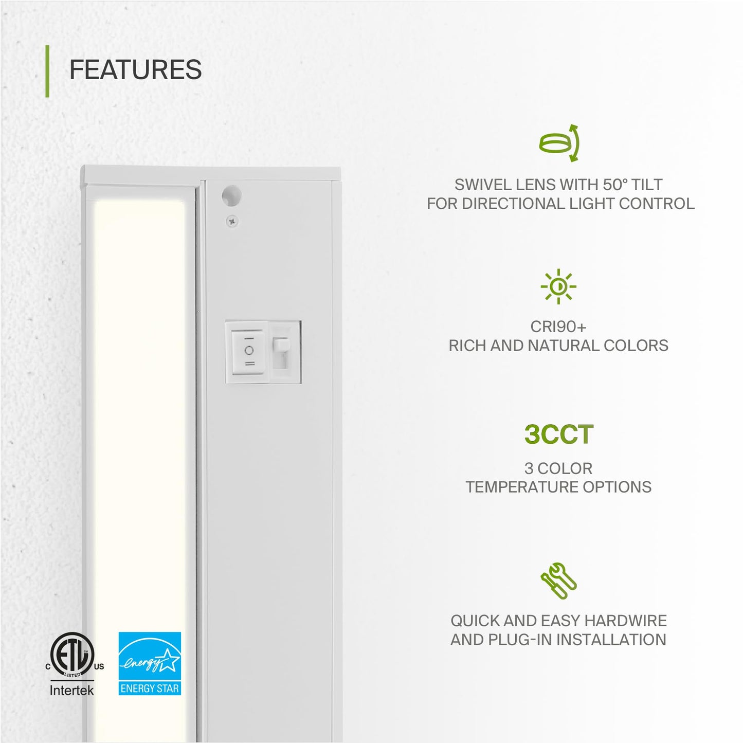 ASD Swivel LED Under Cabinet Light, 12 Inch, Dimmable, 5W, 2700K/3000K/4000K Selectable, Hardwired/Plug-in