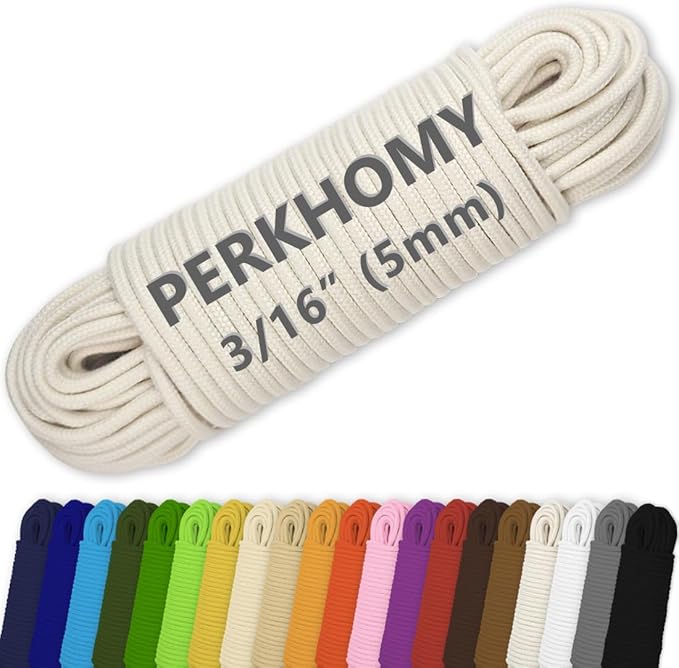 PerkHomy 100 ft 3/16" (5mm) Cotton Rope Multi Purpose Utility Diamond Braided Cord, Natural Cotton for Clothes Line Campin...