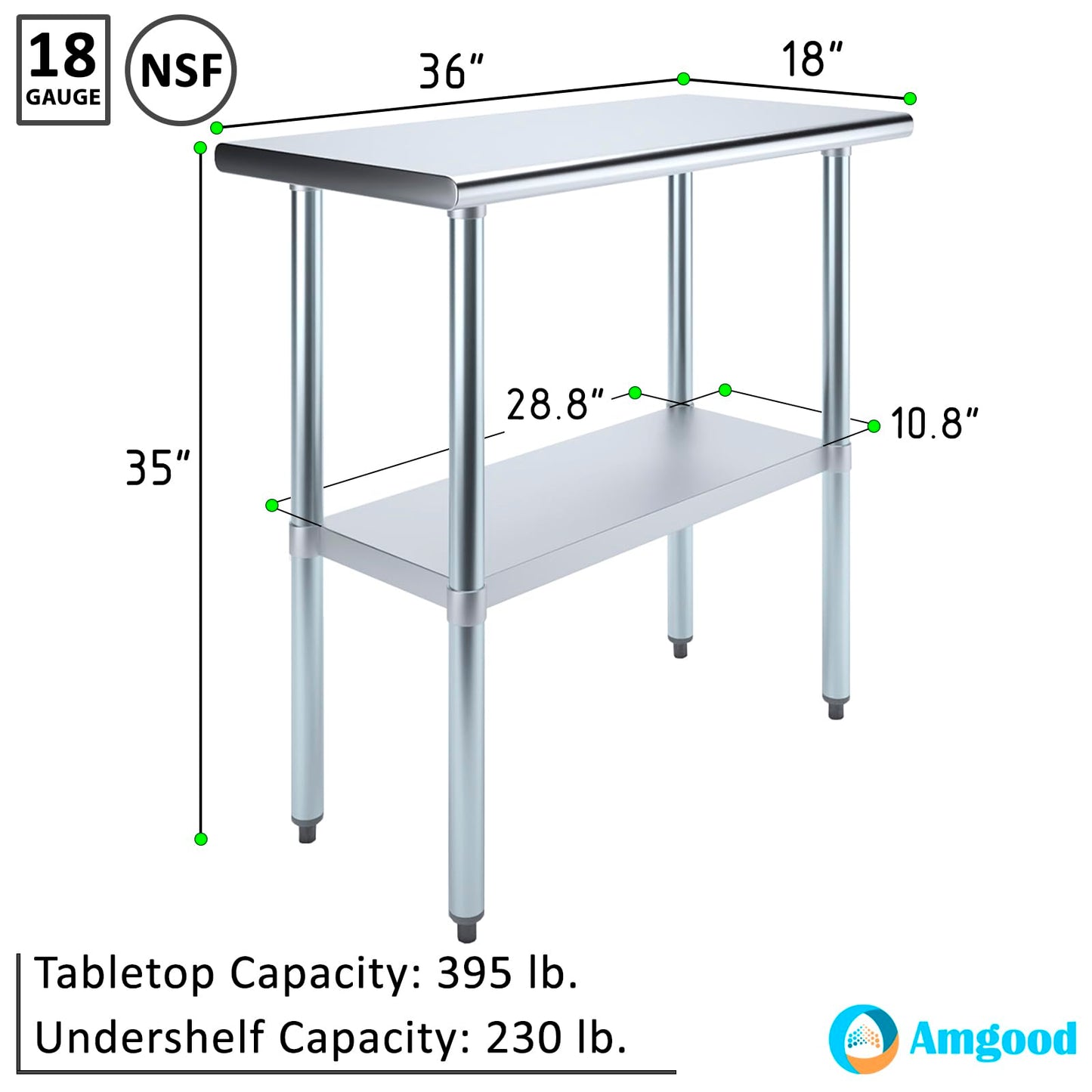 AmGood 18 in. x 36 in. Stainless Steel Work Table | Metal Kitchen Food Prep Table | NSF