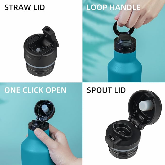 BJPKPK Insulated Water Bottle With Straw 17oz Stainless Steel Water Bottles With 2 Lids And Carry Handle Reusable Travel Metal Thermal Flask,Indigo Black