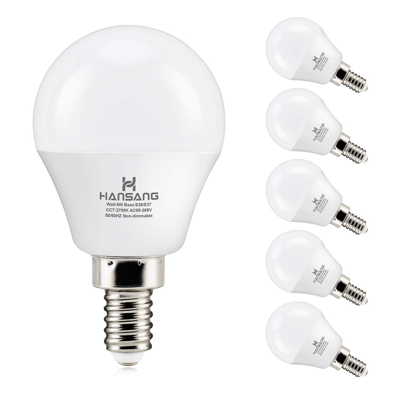 hansang LED Bulbs, 6 Watt (60W Equivalent), Warm White 2700K, A15 Globe Shape, E12 Base, 600 Lumen, 6 Pack