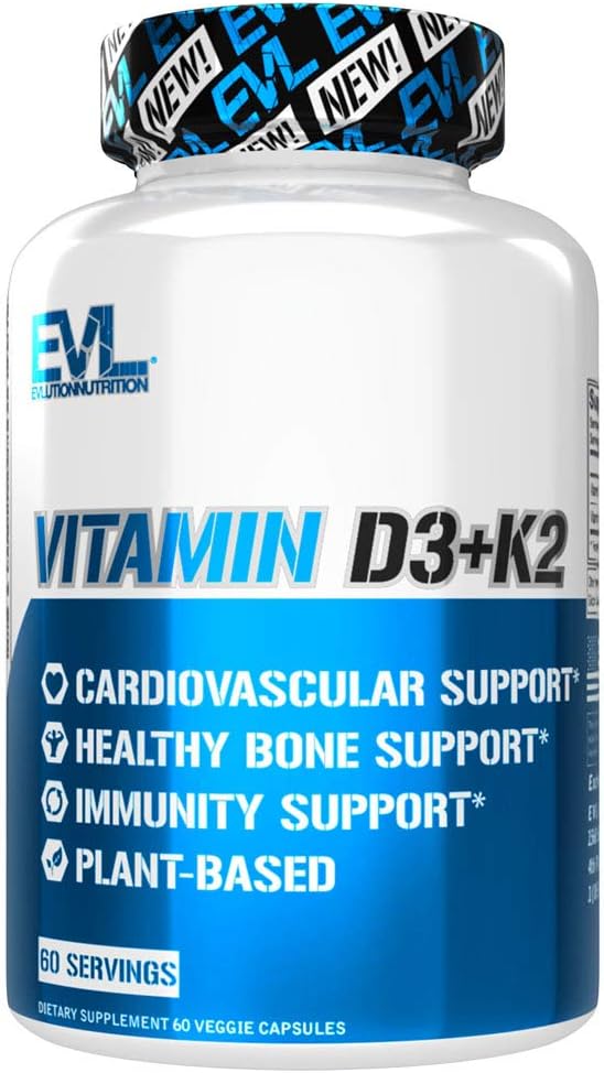 Evlution Nutrition Vitamin D3 + K2 - for Heart Health, Bone + Immune System Support - 5000 IU Vitamin D + 3600 IU Vitamin K - High Potency - Vegan & Gluten Free - 60 Servings - 60 Veggie Capsules