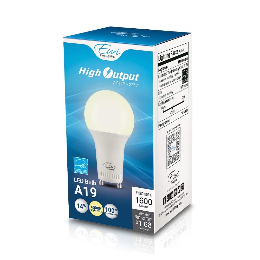 Euri Lighting Ea19 Led Bulb, 14W (100W Equivalent), 4000K Bright White, Gu24 Base, Damp Rated, Energy Star, 3Yr Warranty