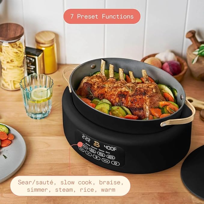 Beautiful 10-in-1 6-Qt Programmable Multi-Cooker with Oven-Safe Pot & 7 Presets – Slow Cook, Rice, Steam, Sauté (BLACK SESAME)