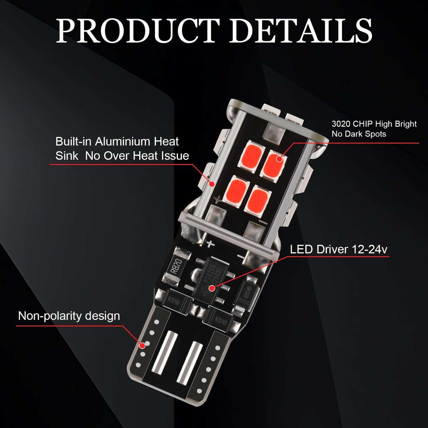KISLED 194 LED Bulbs, Extremely Bright, 12-24V, Aluminum, White/Red, Model KISLED-194-3020-14WR