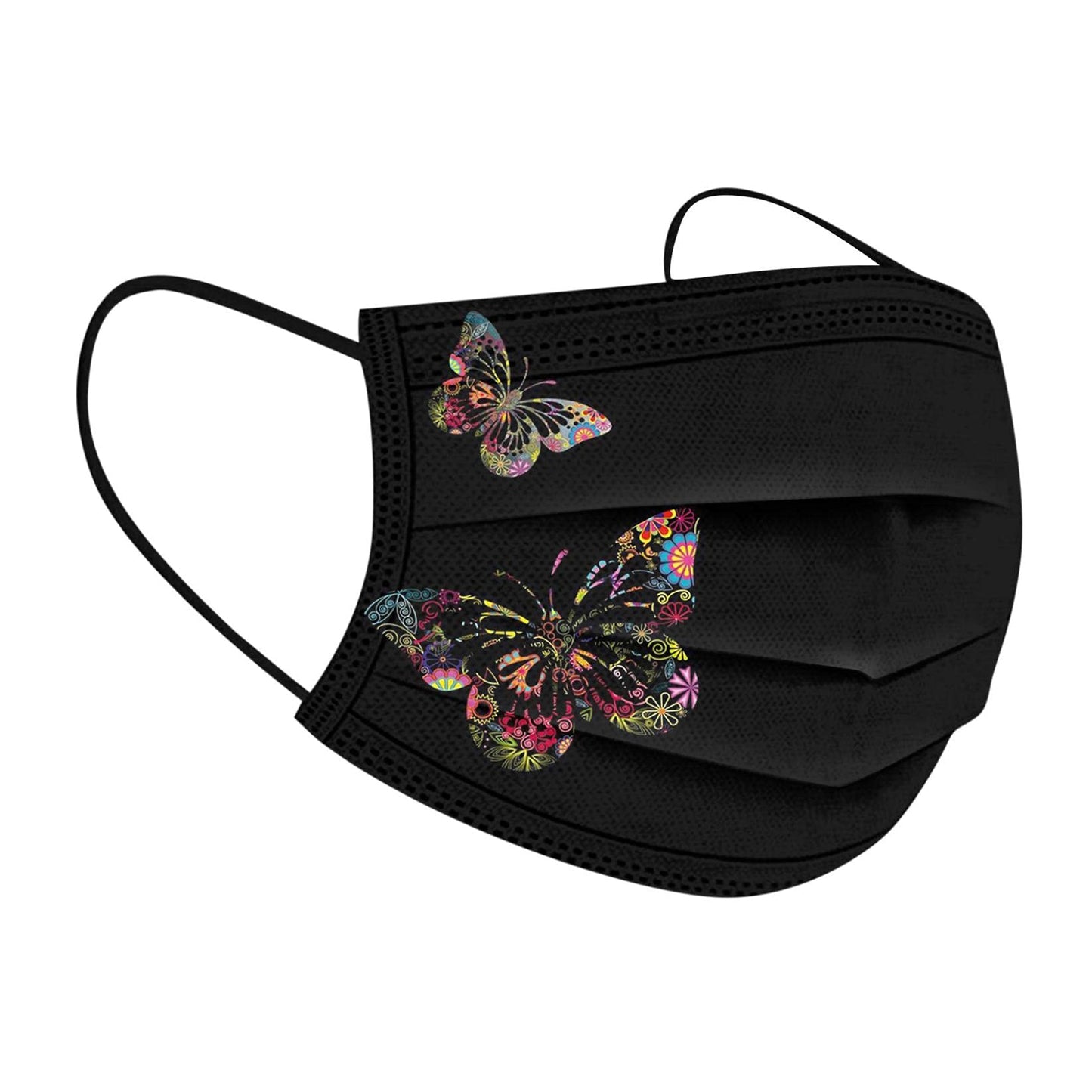 YOMEESOUL 50pcs Black Disposable Face Masks, Masks with Butterfly Printed, 3-Ply Full Protection for Women Men Teen Girls