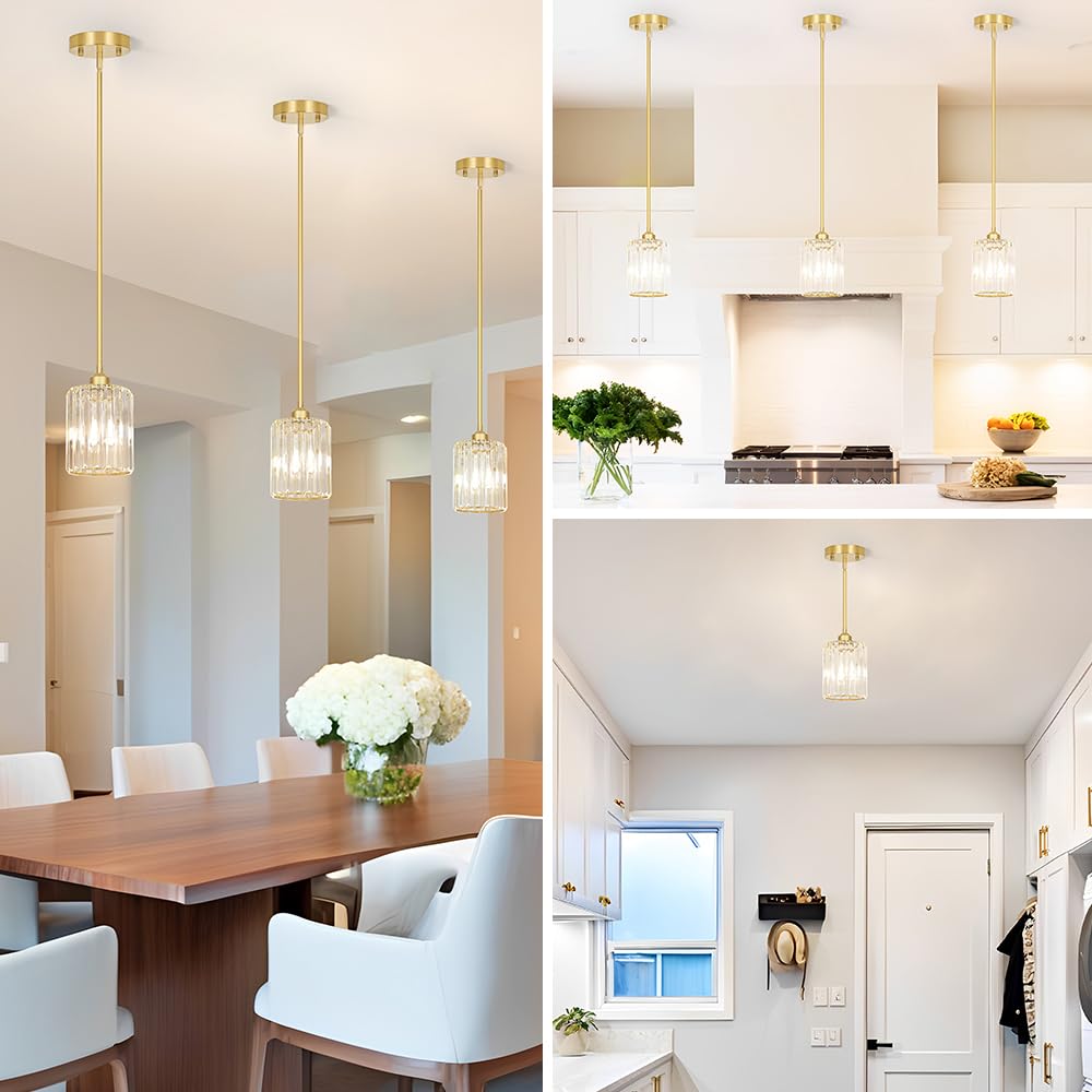 Lxybcce Gold Kitchen Pendant Lights Over Island With Adjustable Rods - Crystal Pendant Lighting Fixtures For Sloped Ceiling  Ideal Over Dining Table Or Bar  E26 Bulb Compatible  No Electrician Needed