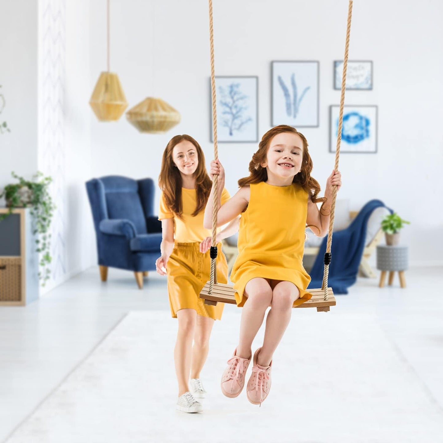 Pellor Wood Tree Swing Seat,Indoor Outdoor Rope Wooden Swing Set for Children Adult Kids (Burlywood)