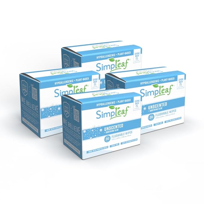 Simpleaf Flushable Unscented Single Pack Wet Wipes | Eco-Friendly Paraben & Alcohol Free | Hypoallergenic & Safe for Sensitive Skin | Soothing Aloe Vera Formula | (30 x 4 Single Pack Wipes)