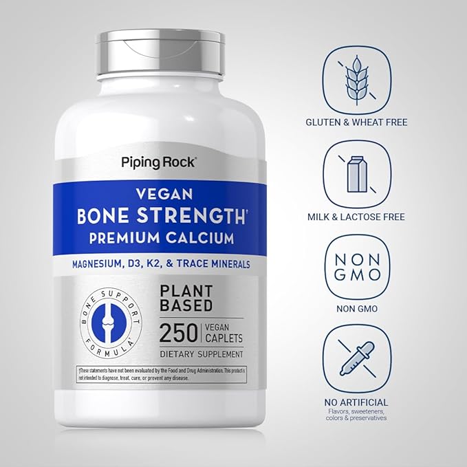 Piping Rock Bone Strength Supplement for Women and Men | 250 Caplets | Premium Calcium Plant Based Complex | with Vitamin D3, K2, Magnesium, and Minerals | Vegan, Non-GMO, Gluten Free