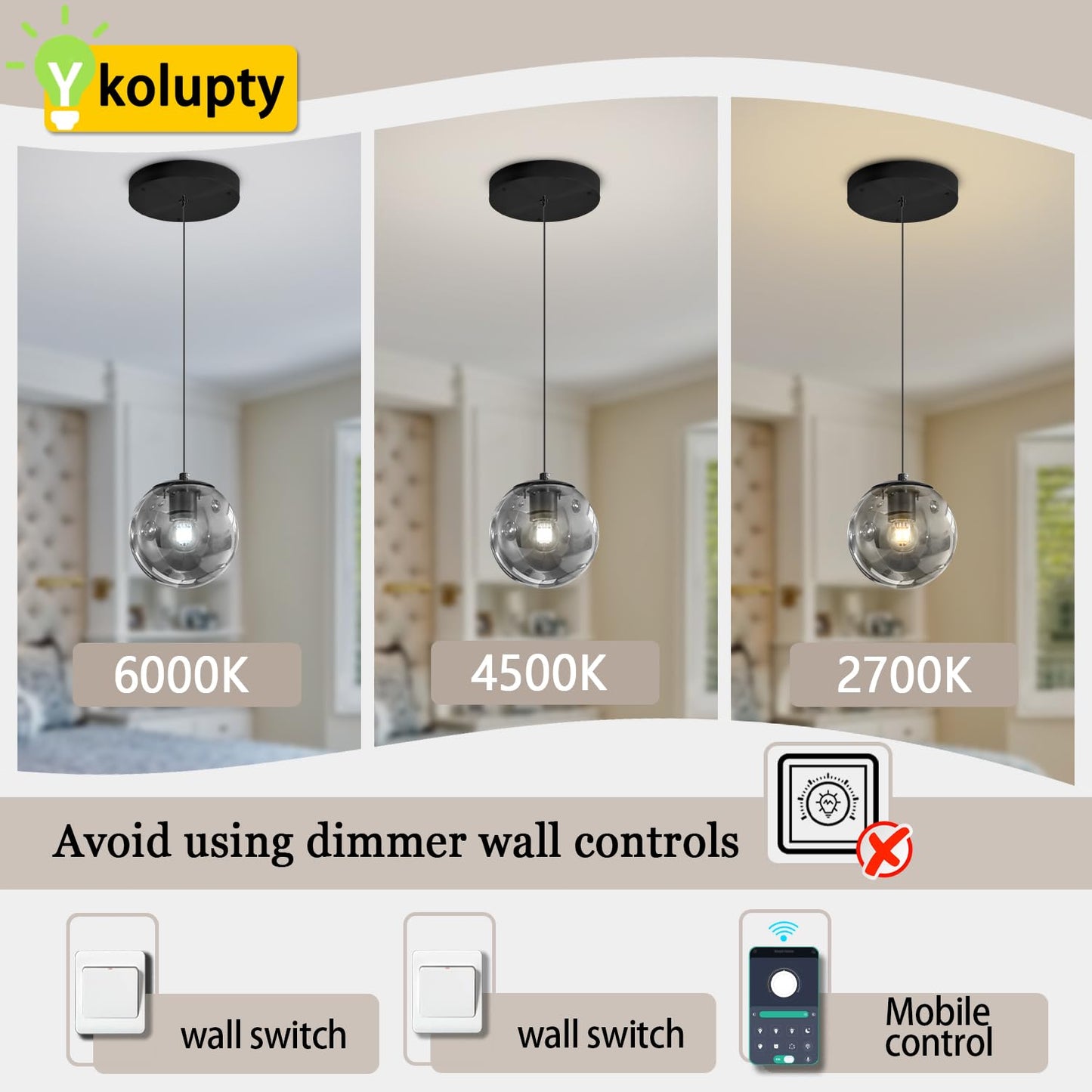 Ykolupty 1-Light Black Pendant Light Fixtures Modern Smoke Gray Glass Globe Pendant Lights Kitchen Island Adjustable Hanging Lights Globe Stairwell Lighting Black Chandelier For Dining Room