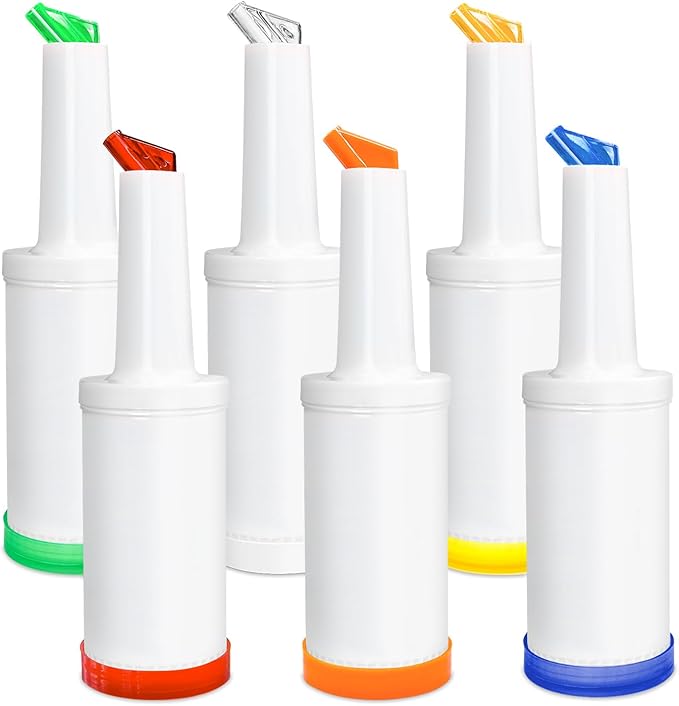 GEMLORD 6 Pcs Plastic Juice Dispensers, 34 oz Colorful Bar Pour Bottle, Store and Pour Containers for Juice, Syrup, Bartending, Home, and Party Use (6 Colors)