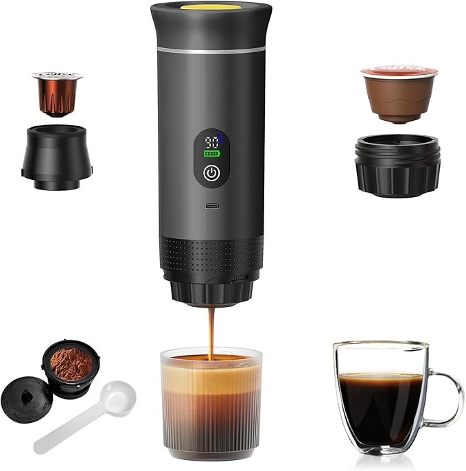 Portable Coffee Maker for Travel & Camping, Portable Espresso Maker for Travel, Rechargeable Cordless Battery Operated Coffee Makers for Ground Coffee, NS Capsule RV, Hiking, Office(Grey)