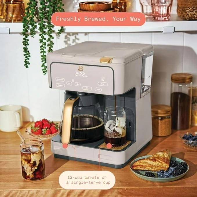 Beautiful by Drew Barrymore Multi-Brew Coffee Maker, 12-Cup Carafe + Single-Serve, Pods or Grounds, Over Ice, Touch Display. (Porcini Taupe)