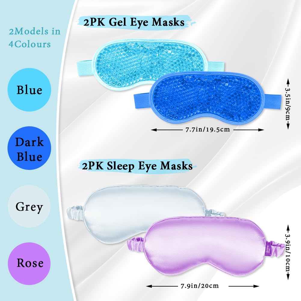 Cooling Eye Mask and Silky Sleep Mask 4 Packs for Man Women for Sleeping Frozen Ice Eye Mask Cold Warm Compress Dark Circles Puffiness Dry Eyes Gifting