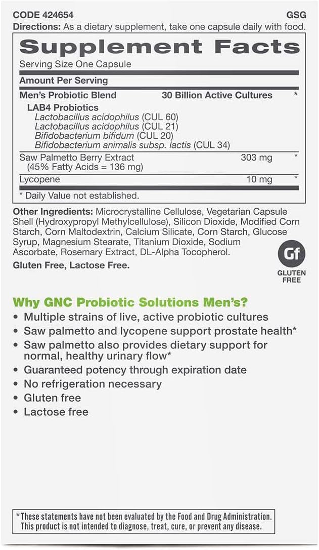 GNC Probiotic Solutions Men’s Supplement, Provides Prostate, Urinary, Digestive and Immune Support, 30 Billion CFUs, 30 Vegetarian Capsules, 30 Servings