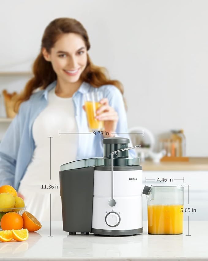 GDOR 800W Juicer Machine, 3” Wide Feed Chute, Dual-Speed Centrifugal Juicer for Fruits & Vegetables, Anti-Drip Function, BPA-Free, Easy to Clean with Brush, White