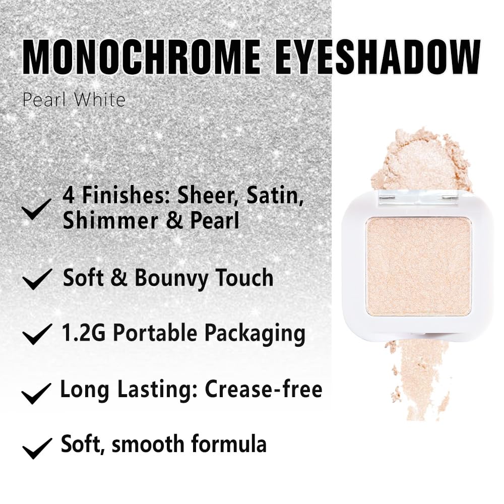 HHLTOH Pressed Single Eyeshadow Palette - Mini Shadow in Pearl White | Shimmer & Glitter Makeup for Women | Highly Pigmented, Bl