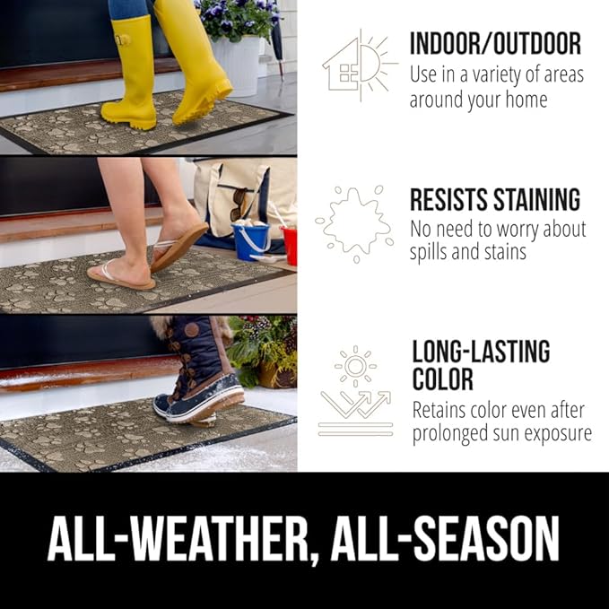 GORILLA GRIP 100% Waterproof All-Season WeatherMax Doormat, Durable Natural Rubber, Stain and Fade Resistant, Low Profile, Indoor Outdoor Doormats, Easy Clean Patio Entrance Mat, 17x29, Tan Pawprints