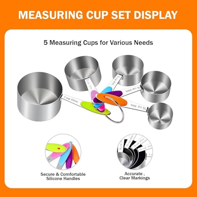13-Piece Magnetic Measuring Spoons and Cups Set, Stainless Steel Kitchen Measure Tools with Silicone Handles, Nesting Dry and Liquid Measuring Cups for Baking Cooking (Multicolor)
