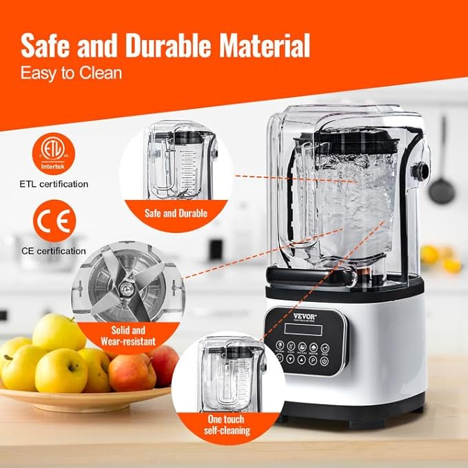 VEVOR Commercial Countertop Blenders with Shield,68 oz Jar Blender Combo, Stainless Steel 9 Speed & 5 Functions, for Shakes, Smoothies, Peree, and Crush Ice, White
