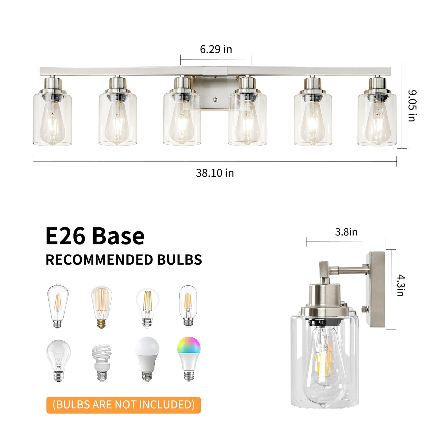 Dikaida 6-Light Bathroom Vanity Light, Nickel Metal Wall Sconce With Clear Glass Shade, Model Ns-6