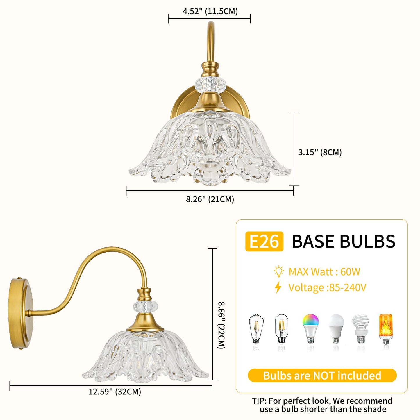 Sunkryster 1 Piece Gold Wall Sconce With Floral Clear Glass Shade  Brushed Gold Finish Wall Mount Lighting For Bathroom Vintage Bathroom Vanity Light Fixtures