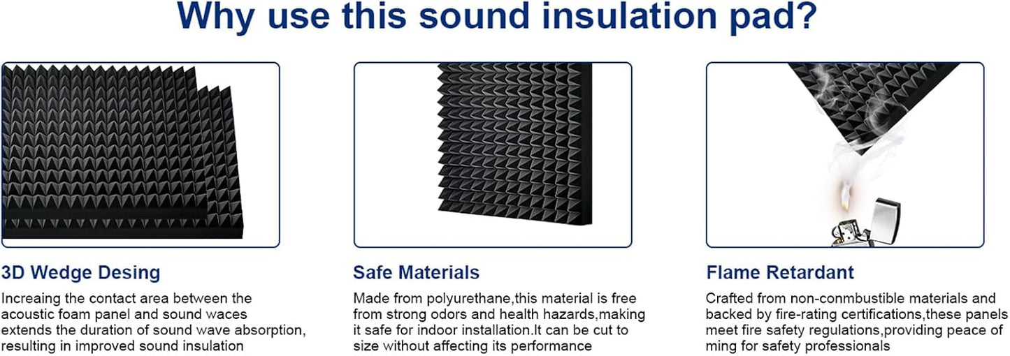 4 Pack Black Acoustic Foam Panels,48x24x2 Inch Sound Proof,High Density Soundproof Wall Panels,Fireproof Cancelling Foam Studio (Black, 4 PCS)