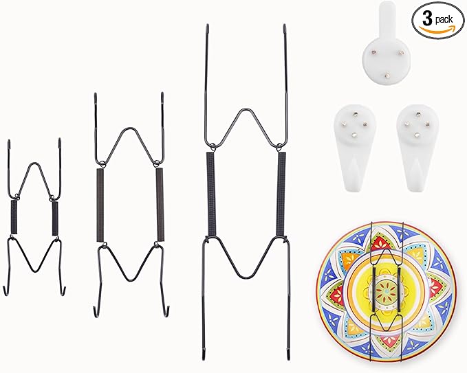 3 Pack 4/6/8 Inch Decorative Plate Medium Plate Hangers for The Wall, Invisible Stainless Steel Plate Hangers for Display with Wall Hooks, for Platter/Dish/Picture（Black）