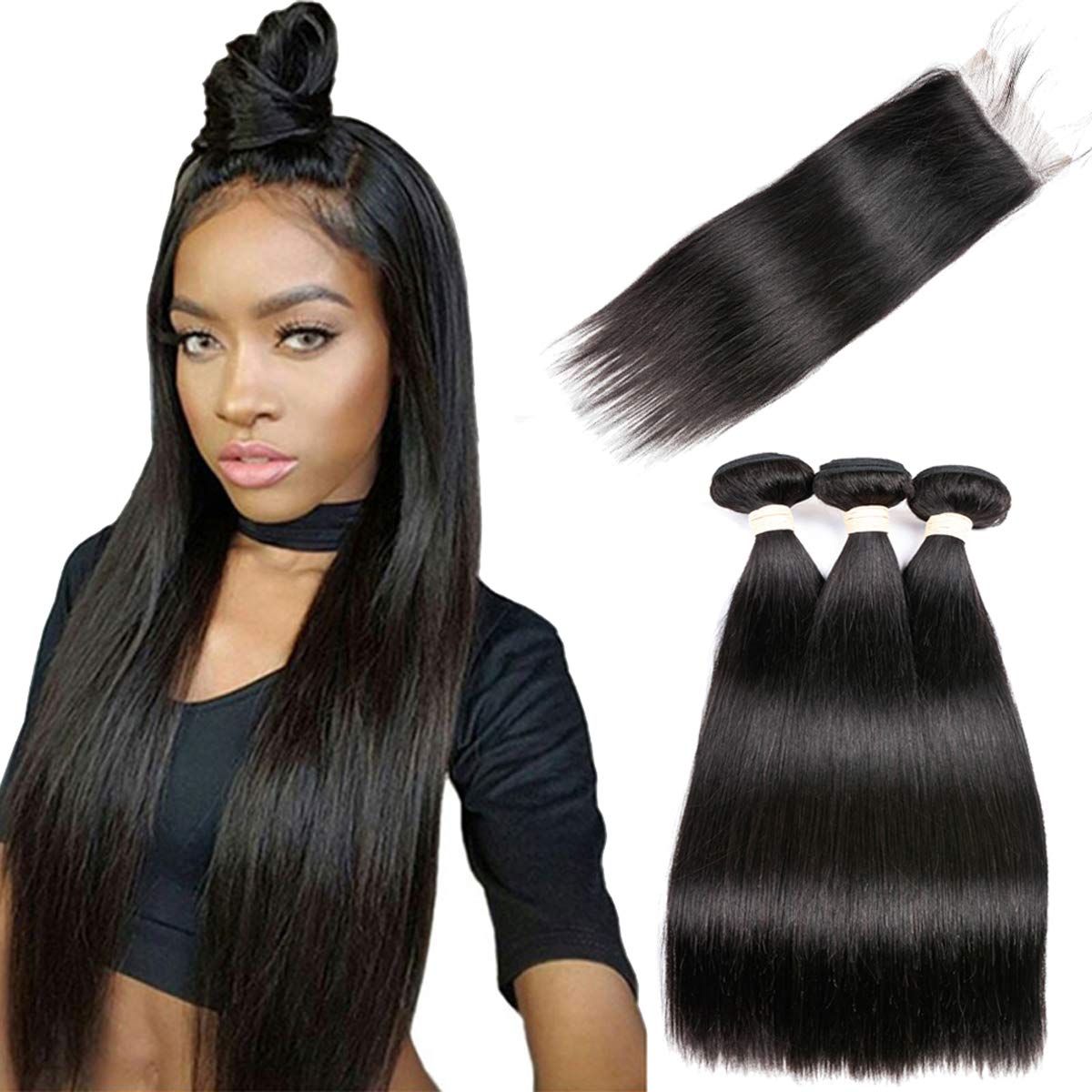 Beauhair Straight Hair Bundles with Closure (10 12 14+10 Closure) 100% Brazilian Straight Virgin Hair 3 Bundles with Lace Closur
