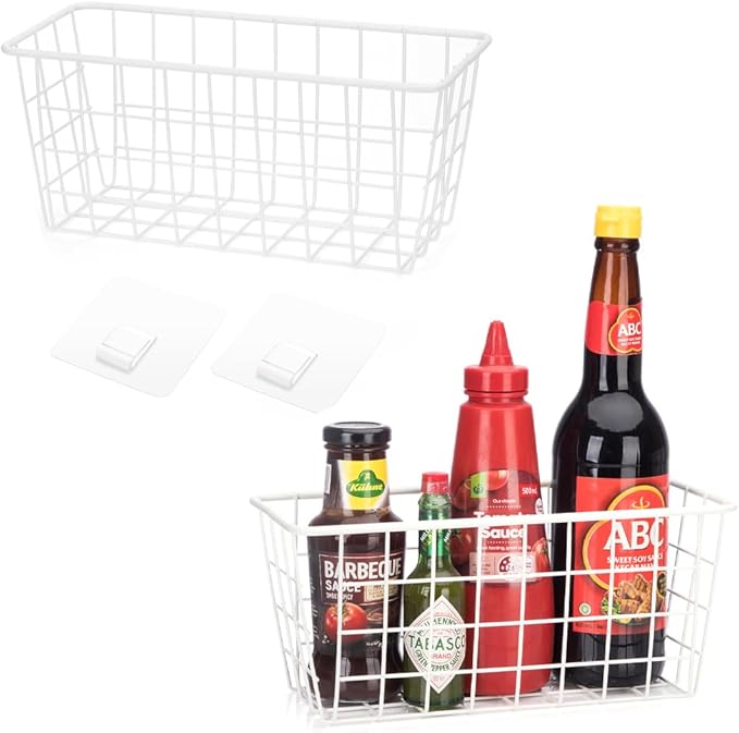 Hanging Kitchen Baskets Adhesive Sturdy Wire Storage Baskets with Kitchen Food Pantry Bathroom Shelf Storage No Drilling Wall Mounted,White,2 Pack