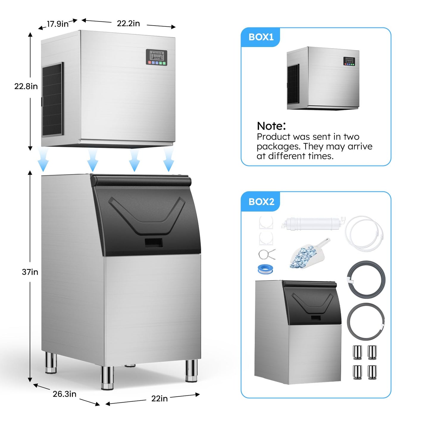 Commercial Ice Machine 550LBS/24H,Storage 400LBS,Large Industrial Ice Maker,Ice Ready in 5-15min,with Self-Cleaning Mode,with Timing Function,30 Levels of Ice Thickness Adjustment,Stainless Steel