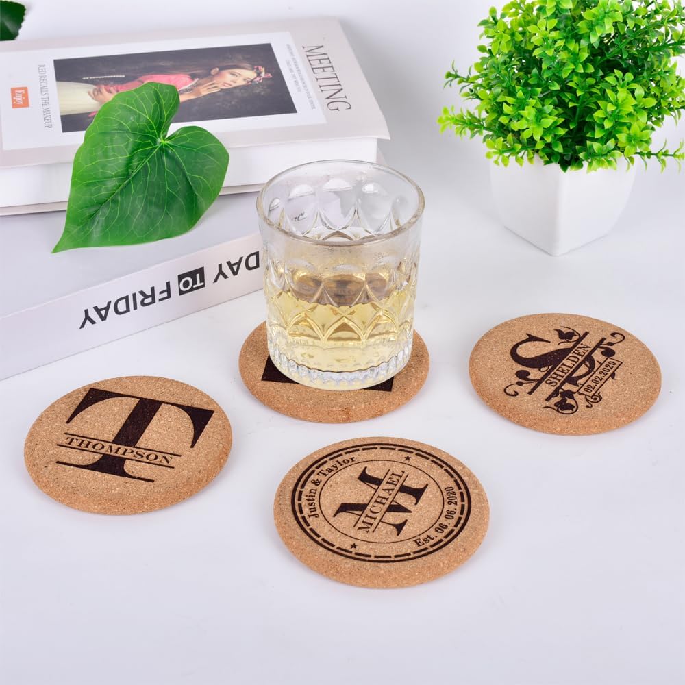 Personalized Cork Coasters for Drinks, Custom Engraved Absorbent Heat & Water Resistant Coasters for Cups and Mugs (S)