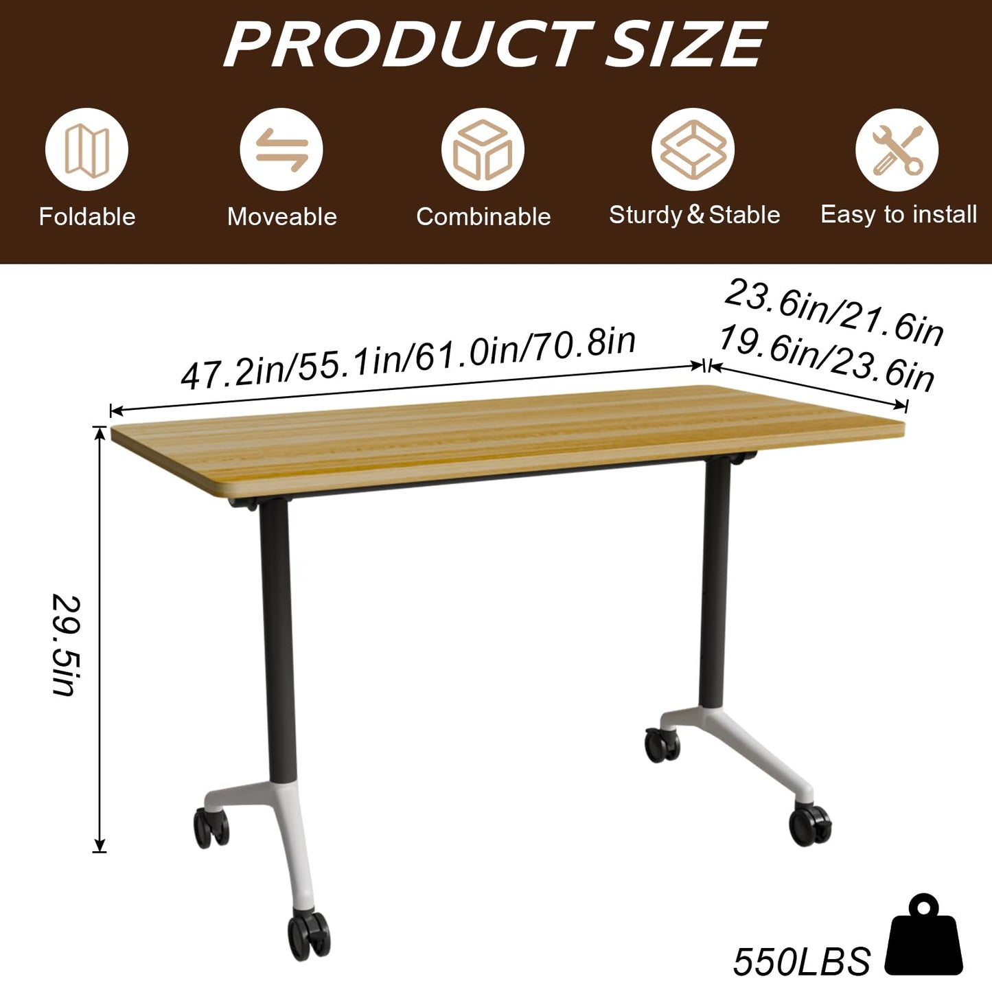 rzoizwko 2Packs Folding Conference Tables on Wheels,55.1 in Mobile Flip Top Meeting Room Table for Office & Training Rooms,Foldable Conference Room Tables Modular Rolling Desk Heavy-Duty Metal Frame