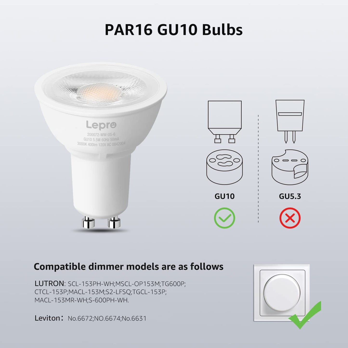 Lepro GU10 LED Bulb Dimmable 5.5W 5000K Daylight White 6 Pack, 40° Spotlight for Recessed Lighting