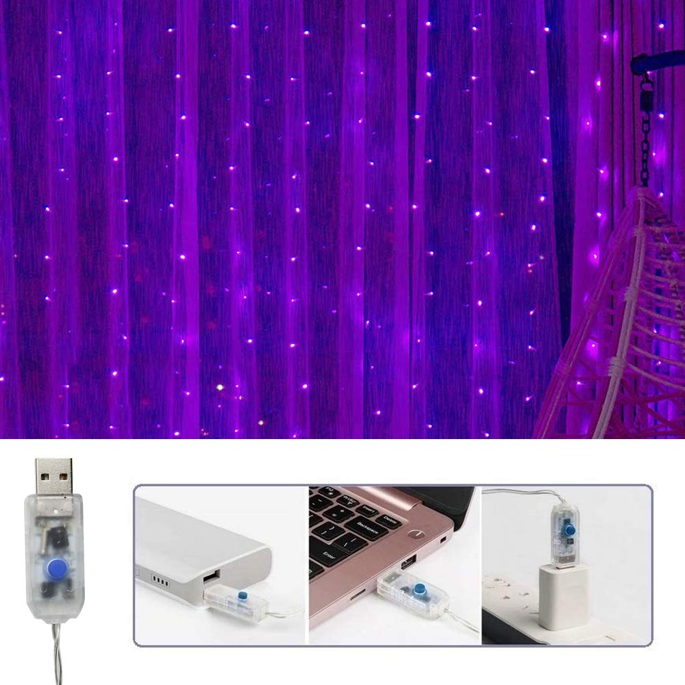 Vicila Curtain String Lights, 300 LED Twinkle Lights, Remote Timer, USB Power, 8 Modes, 9.8ft x 9.8ft, Purple, Model CCL
