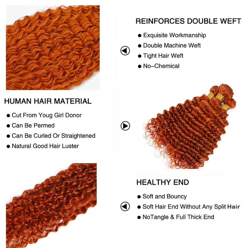 Peenoll 26 28 30 Inch Deep Wave Human Hair Bundles Ginger Orange 350 Weave Bundles Human Hair 12A Unprocessed Brazilian Virgin Q
