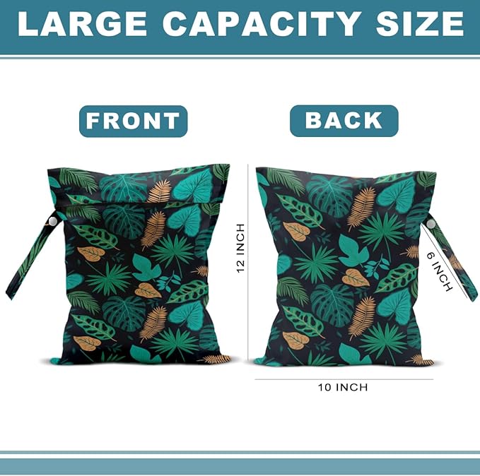 2Pcs Palm Leaves Wet Bag 12x10 Inch, Plants Waterproof Reusable Wet Dry Bag, Tropical Washable Travel Laundry Bags for Swimsuit Beach Diapers Dirty Yoga Gym Clothes, Plants Gifts for Women Friend
