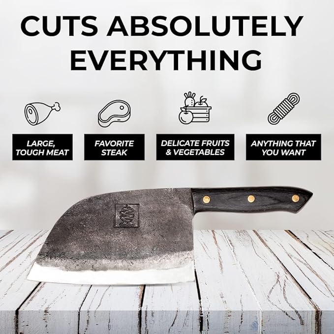 COOLINA Knife Set – Promaja Hand-Forged Butcher Knife & Tungsten Chef Knife Bundle – Full Tang Carbon Steel Cleaver and Cooking Knife with Wooden Handles – Professional Kitchen & BBQ Knives