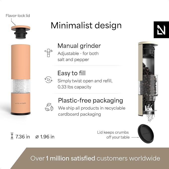 LARS NYSØM Salt and Pepper Grinder Set Manual, Stainless Steel Salt and Pepper Mills with Adjustable Ceramic Grinder I Design Spice Shakers (Peach/Beige)