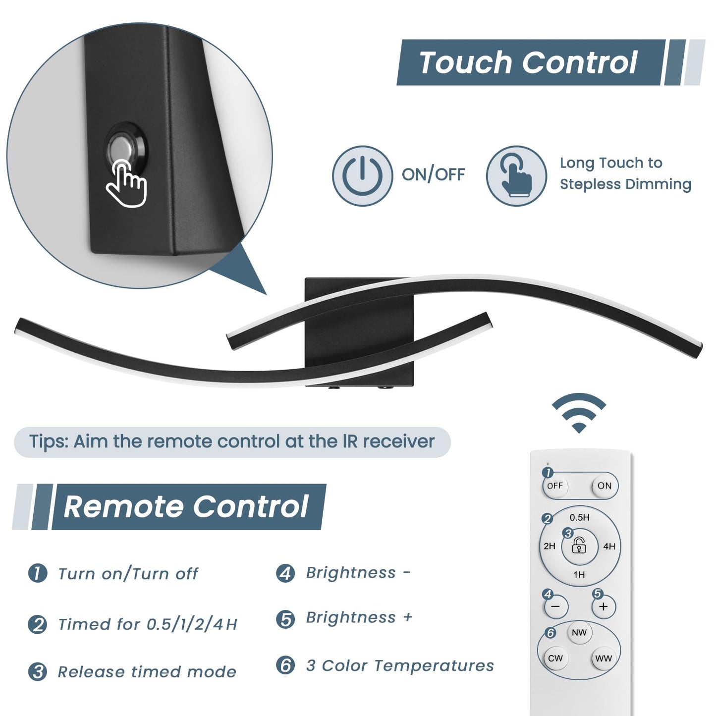 Sovinzert Wall Sconce, 15000mAh Battery Operated, Remote Control, 3000K-6000K LED, Aluminum, Black, 39.3 Inch