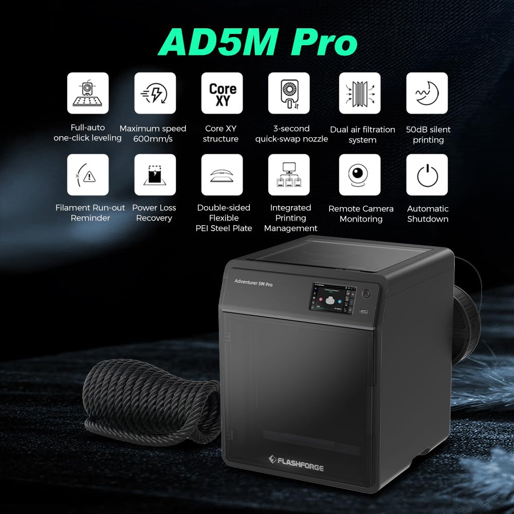 Flashforge Adventurer 5M Pro 3D Pinter, 600Mm/S High-Speed With 1 Click Fully Auto Printing Systerm, Quick Detachable 280C Direc